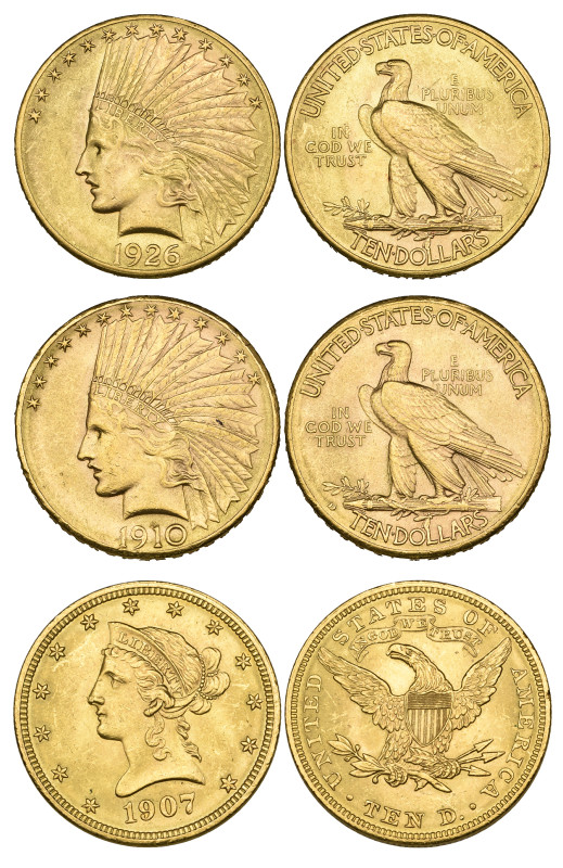 g U.S.A., 10 dollars (3), 1907, 1910 D, 1926, extremely fine to mint state (3)
...
