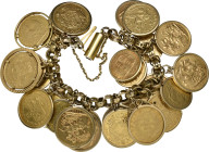 g Coin Jewellery: A Gold Coin Bracelet bearing 28 various gold coins of Great Britain, Denmark, France, Hungary, Netherlands, Prussia, Switzerland and...