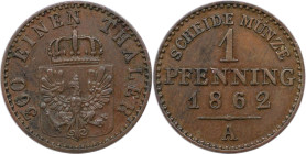 Altdeutsche Münzen und Medaillen, BRANDENBURG IN PREUSSEN. Wilhelm I. (1861-1888). 1 Pfennig 1862 A. Kupfer. Jaeger 50, AKS 108. Vorzüglich-Stempelgla...