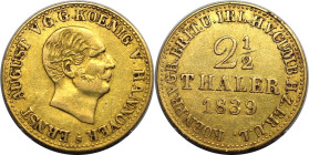 Altdeutsche Münzen und Medaillen, BRAUNSCHWEIG - LÜNEBURG - CALENBERG - HANNOVER. Ernst August (1837-1851). 2 1/2 Taler 1839, Hannover. Gold. 3,29 g. ...
