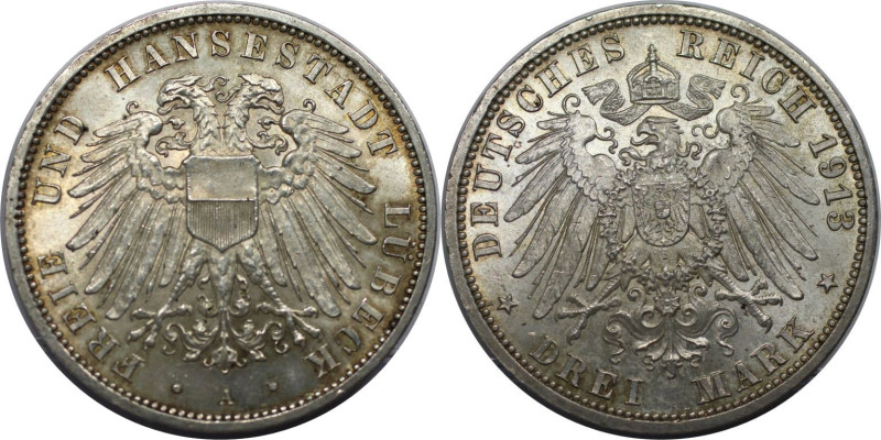 Deutsche Münzen und Medaillen ab 1871, REICHSSILBERMÜNZEN, Lübeck. 3 Mark 1913 A...