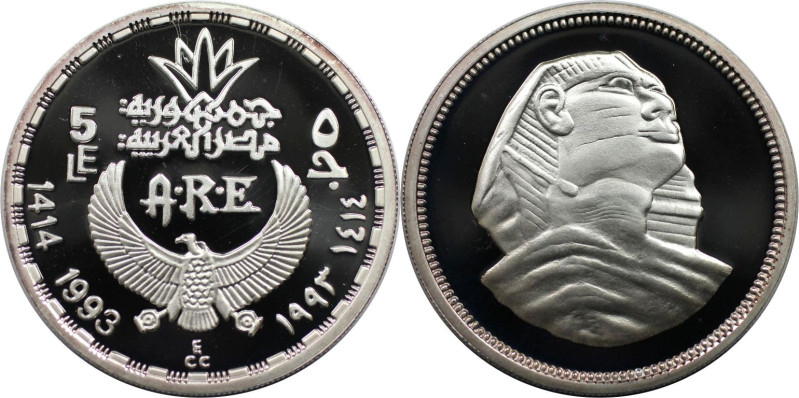 Weltmünzen und Medaillen, Ägypten / Egypt. Sphinx. 5 Pounds 1993 (AH 1414). 22,5...