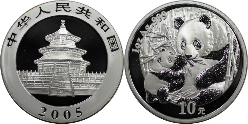 Weltmünzen und Medaillen, China. Panda. 10 Yuan 2005. Silber. 1 OZ. KM 1589. Pol...