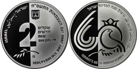 Weltmünzen und Medaillen, Israel. 60 Jahre Israel -O in 60 Symbol für Granatapfel. 2 New Sheqalim 2008. 28,80 g. 0.925 Silber. 0.86 OZ. KM 446. PCGS P...