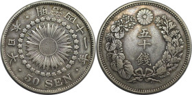 Weltmünzen und Medaillen, Japan. Mutsuhito. 50 Sen 1908. Silber. KM Y# 31. Sehr schön+