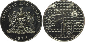 Weltmünzen und Medaillen, Trinidad und Tobago / Trinidad and Tobago. Landkarte. 10 Dollars 1975 FM. Kupfer-Nickel. KM 24. NGC MS 68. Auflage nur 1111 ...