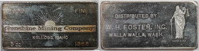Medaillen und Jetons, Silberbarren / Silver Bar. Sunshine Mining Company. Kellogg, Idaho. 1968. W. H. Foster, Inc. Walla Walla, Wash. 3 OZ .999 Silber