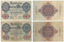 Banknoten, Deutschland / Germany, Lots und Sammlungen. Reichsbanknoten und Reichskassenscheine (1874-1914). 2 x 20 Mark Reichsbanknote 19.2.1914. Pick...