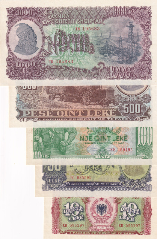 Albania, 10-50-100-500-1.000 Leke, 1957, UNC

(Total 5 banknotes)

Estimate:...