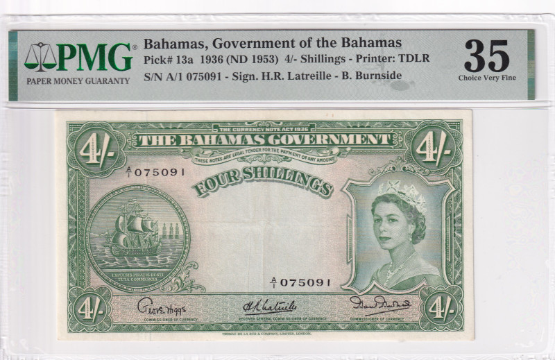 Bahamas, 4 Shillings, 1953, VF, p13a

PMG 35, Queen Elizabeth II Portrait

E...