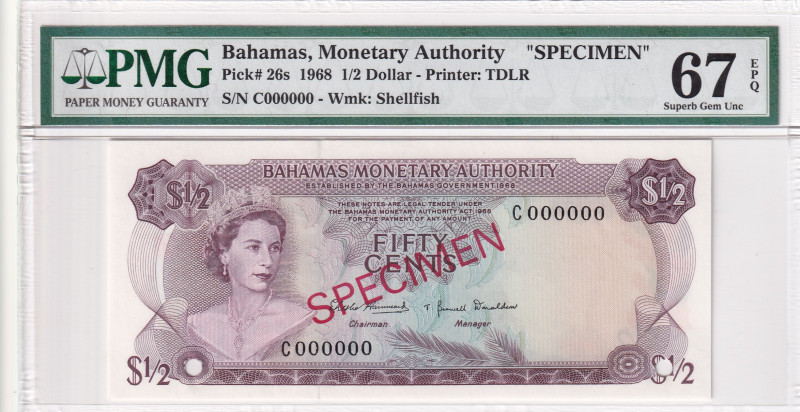 Bahamas, 1/2 Dollar, 1968, UNC, p26s, SPECIMEN

PMG 67 EPQ, High condition , Q...