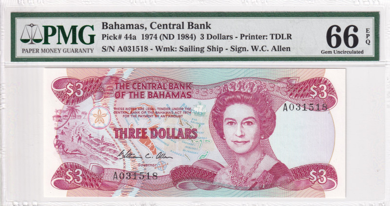 Bahamas, 3 Dollars, 1984, UNC, p44a

PMG 66 EPQ, Queen Elizabeth II. Potrait
...