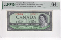Canada, 1 Dollar, 1954, UNC, p66a, "Devil's Face"

PMG 64 EPQ, Queen Elizabeth II Portrait

Estimate: USD 200-400