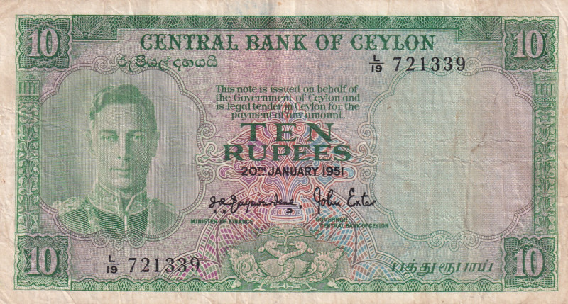 Ceylon, 10 Rupees, 1951, VF, p48a

There are pinhole., Stained

Estimate: US...