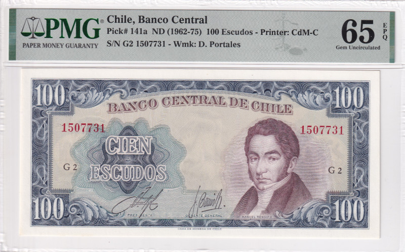 Chile, 100 Escudos, 1962/1975, UNC, p141a

PMG 65 EPQ

Estimate: USD 25-50