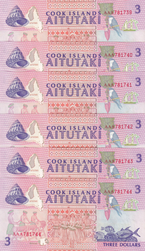 Cook Islands, 3 Dollars, 1992, UNC, p7a, (Total 6 consecutive banknotes)

Esti...