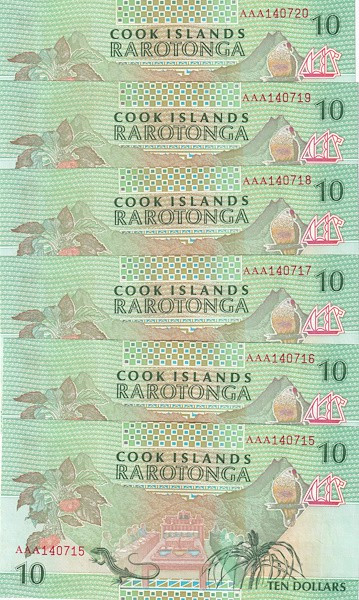 Cook Islands, 10 Dollars, 1992, UNC, p8a, (Total 6 consecutive banknotes)

Est...