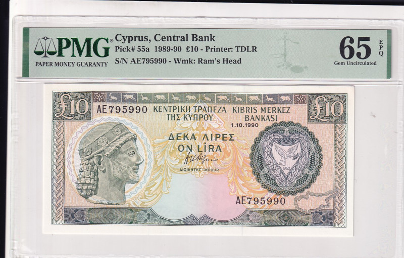 Cyprus, 10 Pounds, 1989/1990, UNC, p55a

PMG 65 EPQ

Estimate: USD 60-120