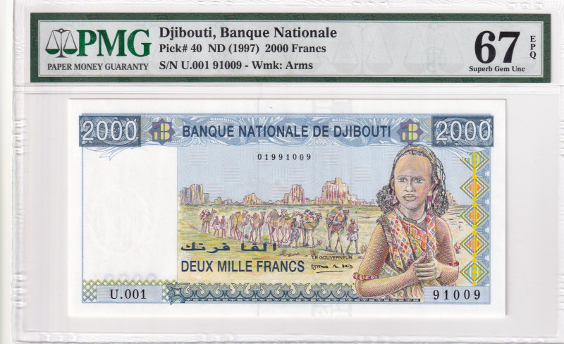 Djibouti, 2.000 Francs, 1997, UNC, p40

PMG 67 EPQ, High condition 

Estimat...