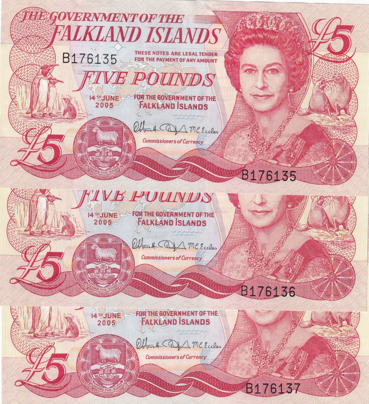 Falkland Islands, 5 Pounds, 2005, UNC, p17a, (Total 3 consecutive banknotes)

...