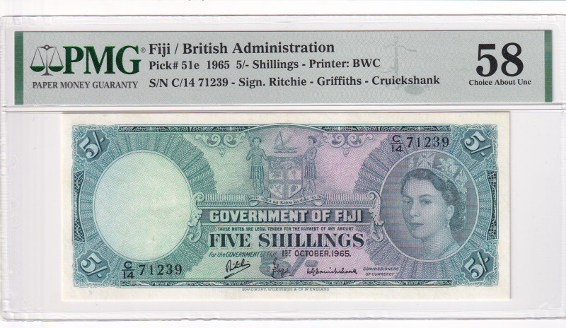 Fiji, 5 Shillings, 1965, AUNC, p51e

PMG 58, Queen Elizabeth II Portrait

Es...