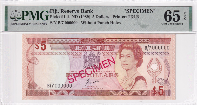 Fiji, 5 Dollars, 1989, UNC, p91s2, SPECIMEN

PMG 65 EPQ, Queen Elizabeth II Po...