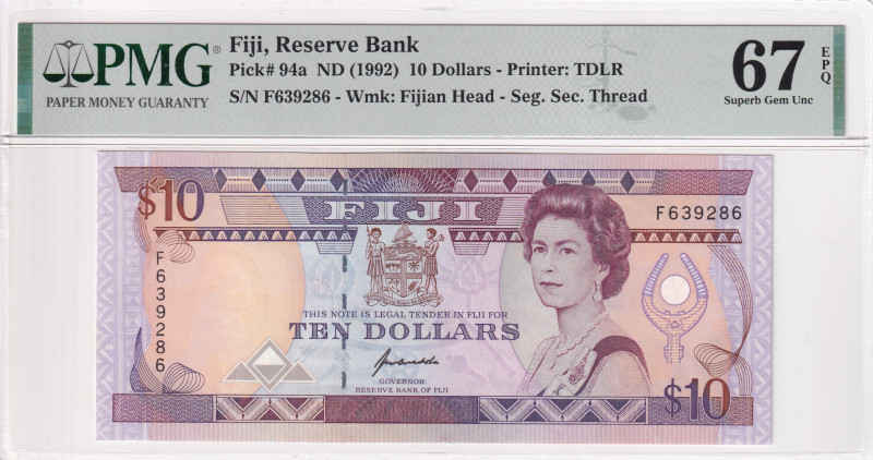 Fiji, 10 Dollars, 1992, UNC, p94a

PMG 67 EPQ, High condition , Queen Elizabet...