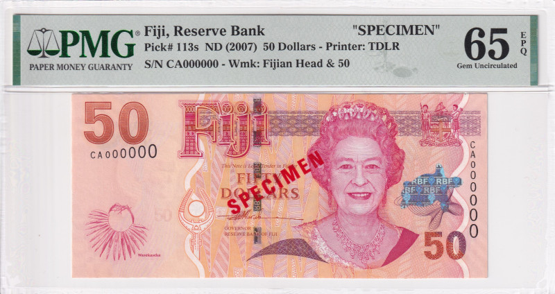 Fiji, 50 Dollars, 2007, UNC, p113s, SPECIMEN

PMG 65 EPQ, Queen Elizabeth II. ...