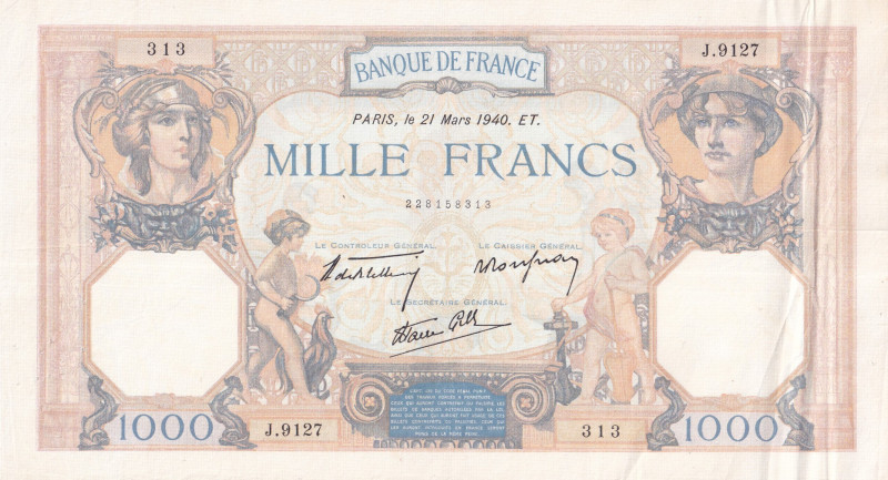 France, 1.000 Francs, 1940, VF, p90a

There are pinholes

Estimate: USD 20-4...