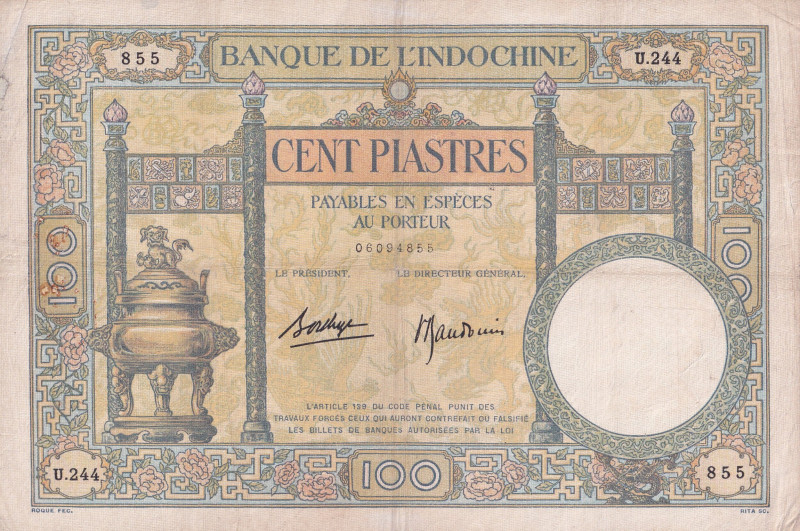 French Indo-China, 100 Piastres, 1925/1939, VF, p51d

Split and pinholes

Es...