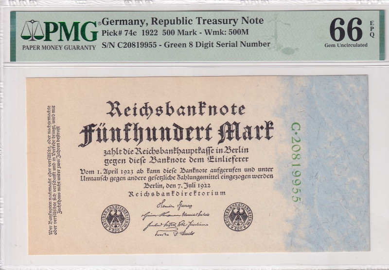 Germany, 500 Mark, 1922, UNC, p74c

PMG 66 EPQ, 2th highest rated banknote

...