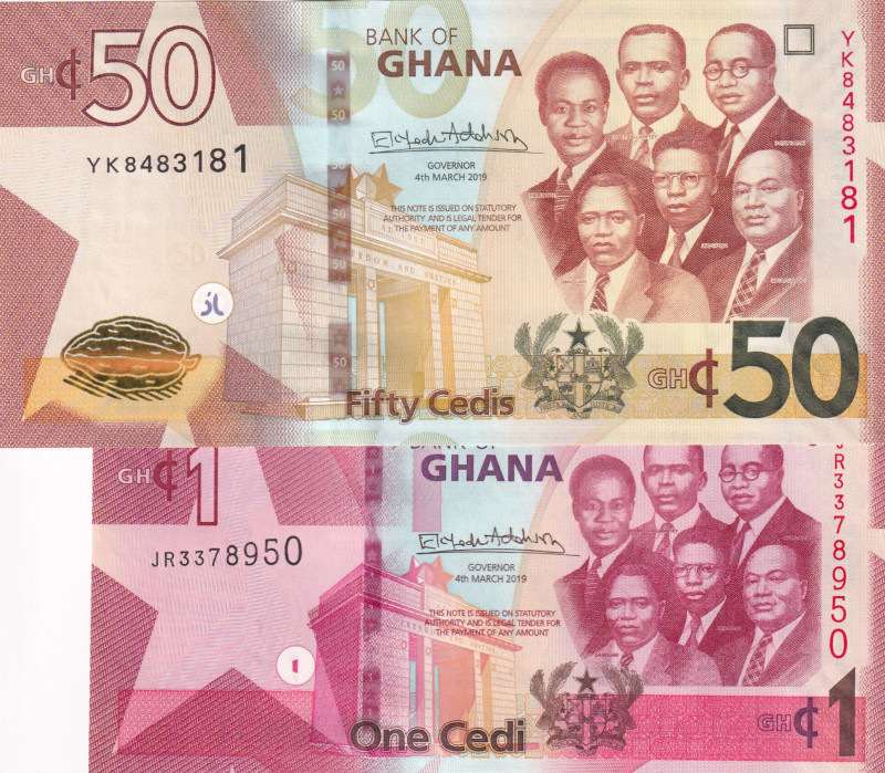 Ghana, 1-50 Cedis, 2019, UNC, p45; p49, (Total 2 banknotes)

Estimate: USD 20-...