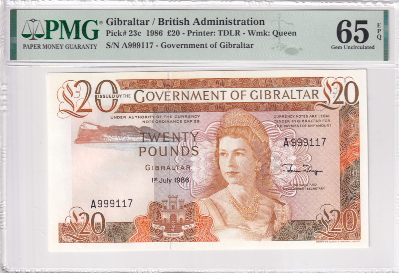 Gibraltar, 20 Pounds, 1986, UNC, p23c

PMG 65 EPQ, Queen Elizabeth II. Potrait...