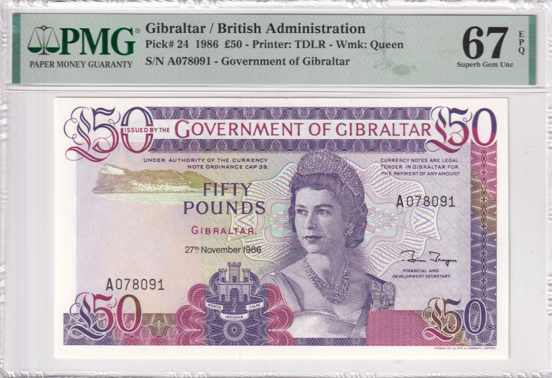 Gibraltar, 50 Pounds, 1986, UNC, p24

PMG 67 EPQ, High condition , Queen Eliza...