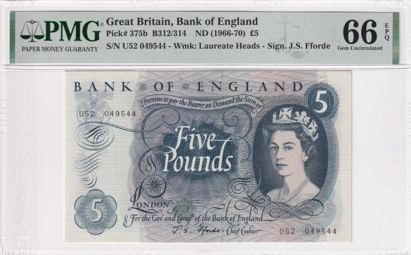 Great Britain, 5 Pounds, 1966/1970, UNC, p375b

PMG 66 EPQ, Queen Elizabeth II...