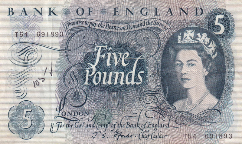 Great Britain, 5 Pounds, 1963/1971, VF, p375b

graffiti, pen marks, Queen Eliz...