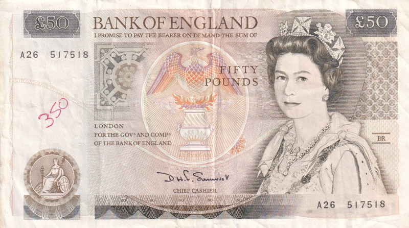 Great Britain, 50 Pounds, 1981/1993, VF, p381a

graffiti, pen marks, Queen Eli...