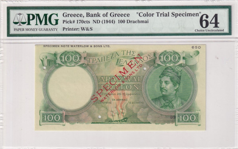 Greece, 100 Drachmai, 1944, UNC, p170cts, SPECIMEN

PMG 64, Color trial specim...