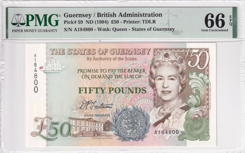 Guernsey, 50 Pounds, 1994, UNC, p59a

PMG 66 EPQ, Queen Elizabeth II Portrait...