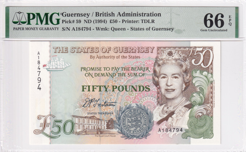 Guernsey, 50 Pounds, 1994, UNC, p59a

PMG 66 EPQ, Queen Elizabeth II Portrait...