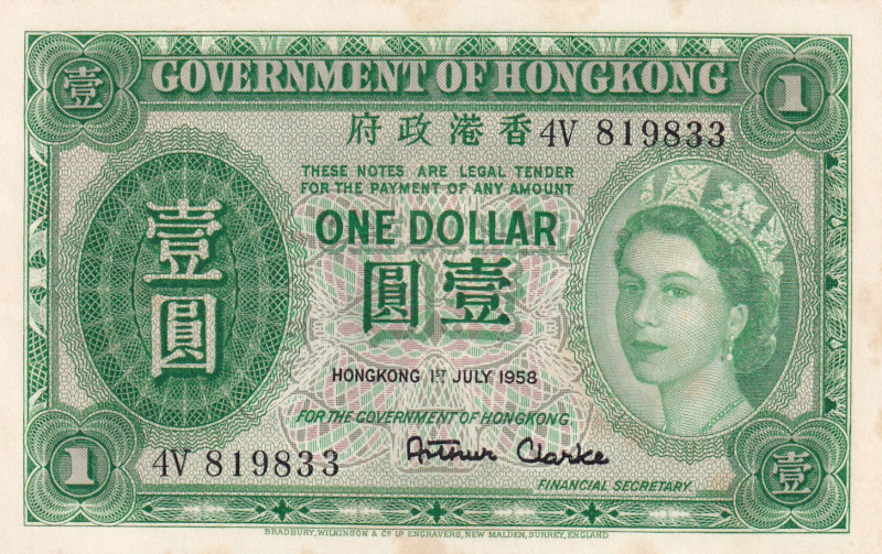 Hong Kong, 1 Dollar, 1958, UNC, p324Ab

Stained, Queen Elizabeth II Portrait
...