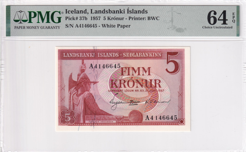 Iceland, 5 Kronur, 1957, UNC, p37b

PMG 64 EPQ

Estimate: USD 30-60