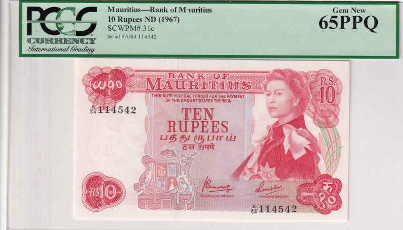 Mauritius, 10 Rupees, 1967, UNC, p31c

PCGS 65 PPQ, Queen Elizabeth II Portrai...