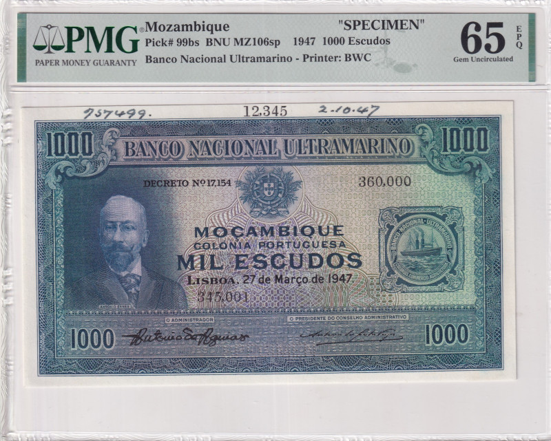 Mozambique, 1.000 Escudos, 1947, UNC, p99bs, SPECIMEN

PMG 65 EPQ

Estimate:...