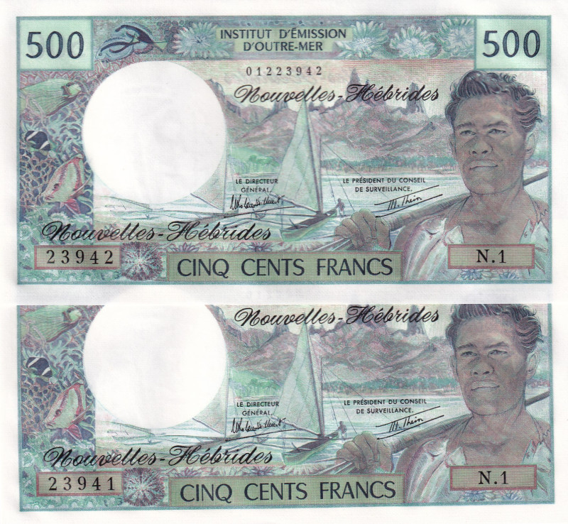 New Hebrides, 500 Francs, 1970/1981, UNC, p19c, (Total 2 consecutive banknotes)...