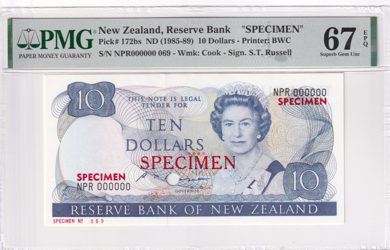 New Zealand, 10 Dollars, 1985/1989, UNC, p172bs, SPECIMEN

PMG 67 EPQ, High co...