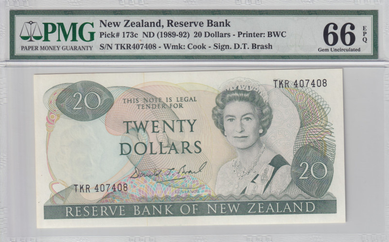 New Zealand, 20 Dollars, 1989/1992, UNC, p173c

PMG 66 EPQ, Queen Elizabeth II...