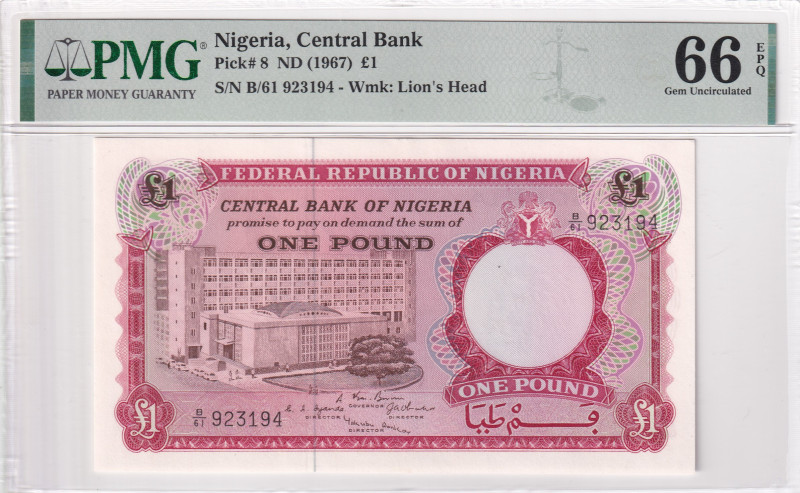 Nigeria, 1 Pound, 1967, UNC, p8a

PMG 66 EPQ

Estimate: USD 25-50