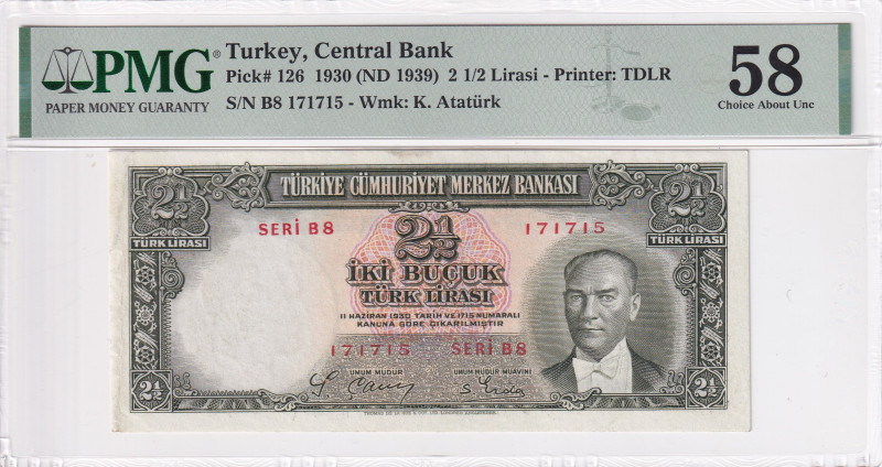 Turkey, 2 1/2 Lira, 1939, AUNC, p126, 2.Emission

PMG 58

Estimate: USD 500-...