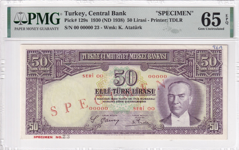 Turkey, 50 Lira, 1938, UNC, p129s, SPECIMEN

PMG 65 EPQ

Estimate: USD 5.000...